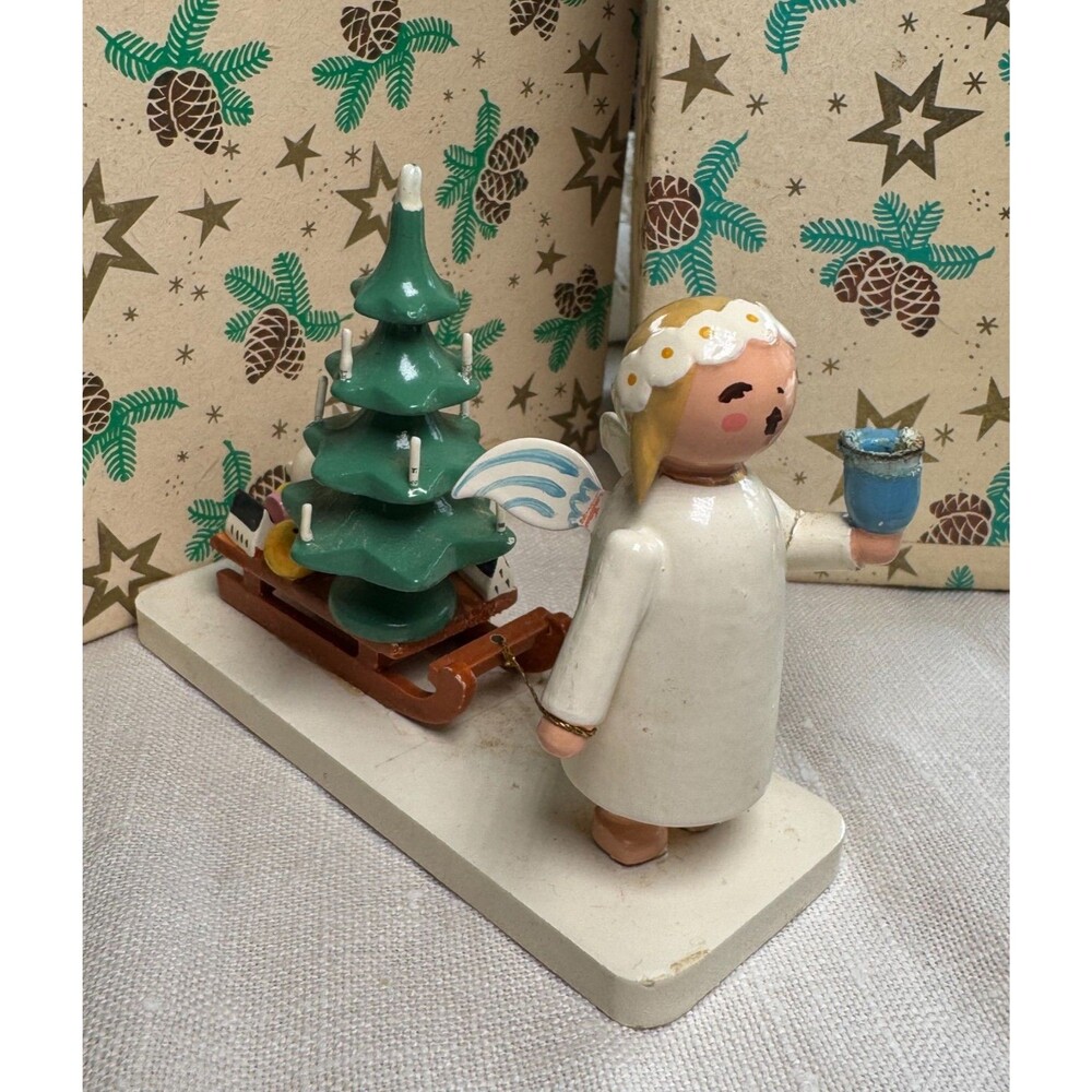 Vintage Wendt Kuhn Marguerite Angel pulling Christmas sled, Erzgebirge Germany
